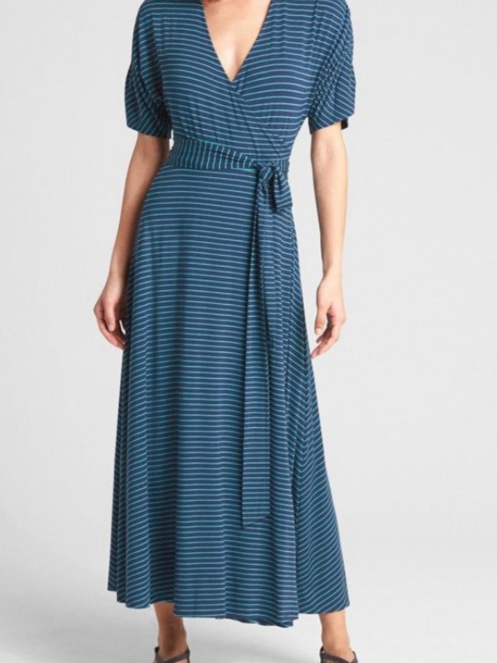 GAP Navy Blue Green Stripe Faux Wrap Maxi Dress Dolman Sleeve Sz XS